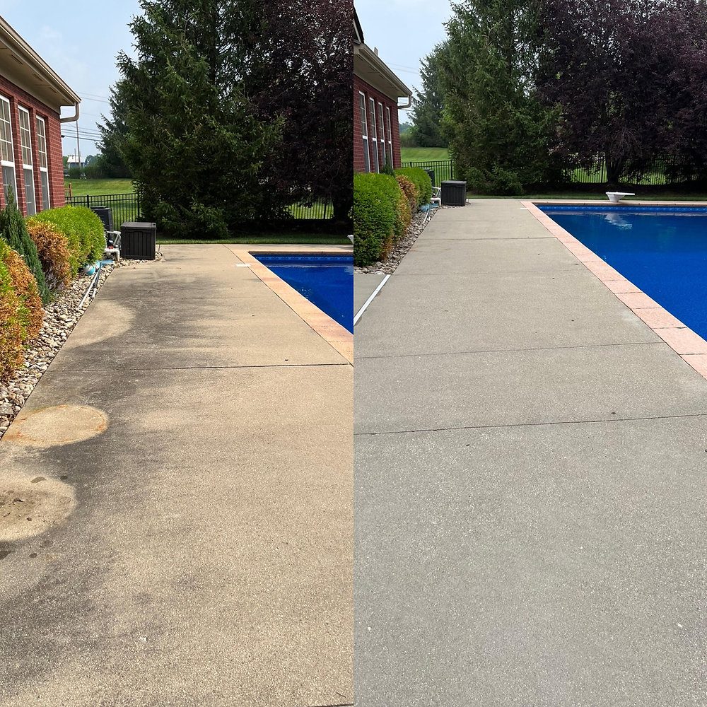 Before and after pressure washing: Driveway and pool deck