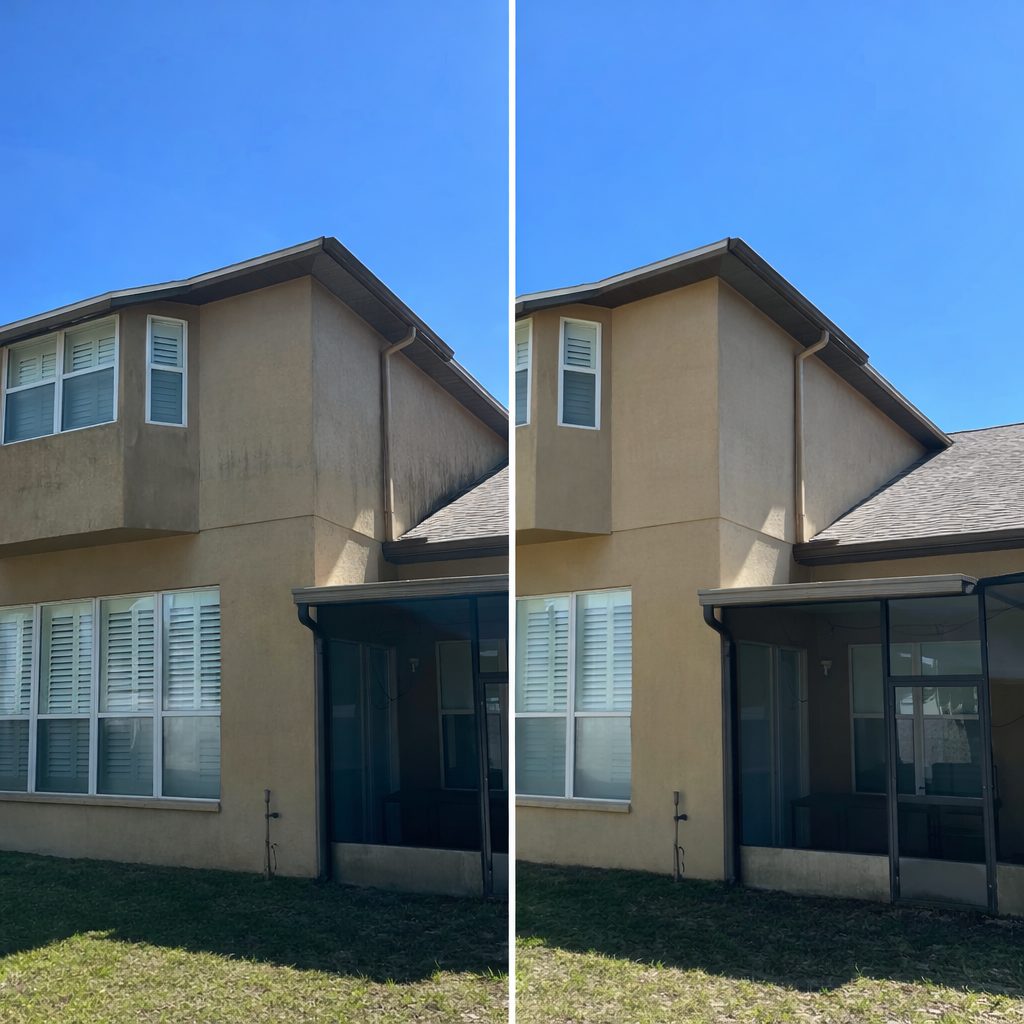 Two-story stucco house before and after soft washing