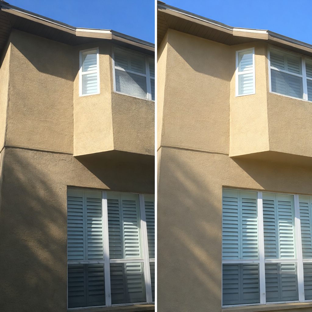 Before and after pressure washing: Stucco and siding